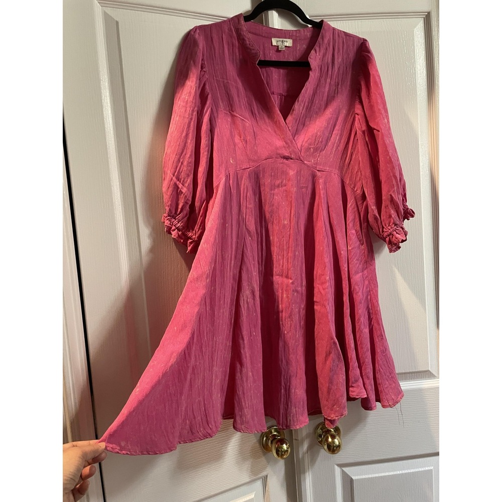 UMGEE Dress Womens Medium Pink Swing Boho Mini V Neck 3/4 Puff Sleeve Trapeze